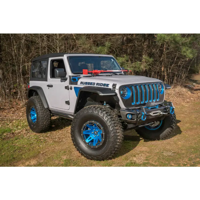 Rugged Ridge Max Terrain Fender Flare Set with Gray Jeep and Blue Wheels