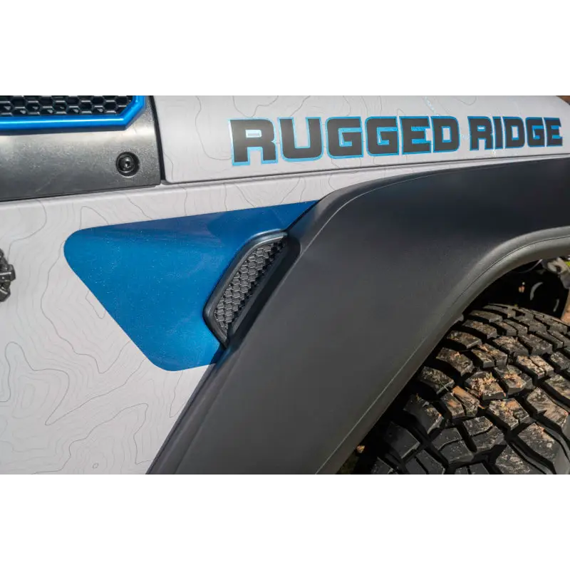 Rugged Ridge Max Terrain Fender Flare Set with Blue Logo on Front Bumper