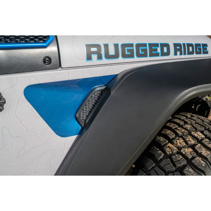 Rugged Ridge Max Terrain Fender Flare Set with Blue Logo on Front Bumper
