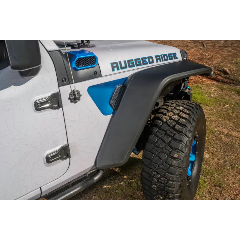 Rugged Ridge Max Terrain Fender Flare Set with blue and white logo on bumper