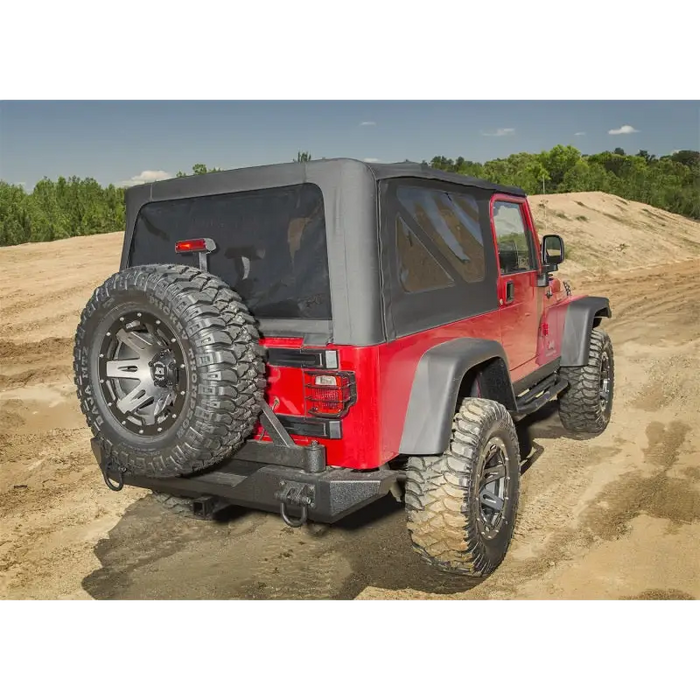 Rear view of red 04-06 TJ Unlimited with Rugged Ridge Montana Top
