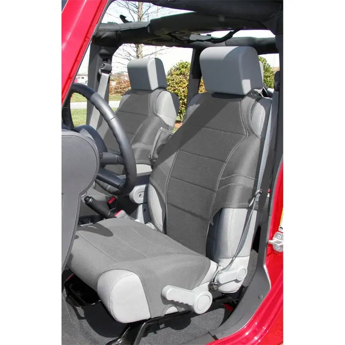 Front seats of red car - Rugged Ridge Neoprene Seat Vests in Gray 07-20 JK/JL/JT