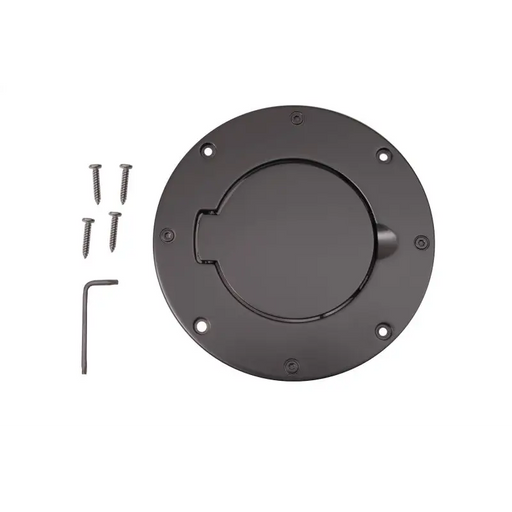 Black metal plate with screws and locks on Rugged Ridge Non-Locking Gas Cap Door for 97-06 Jeep Wrangler