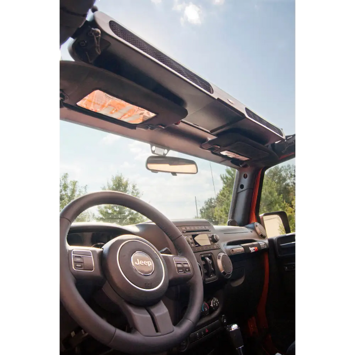 Rugged Ridge Overhead Storage Console for Jeep Wrangler, dashboard with steering wheel and dash light