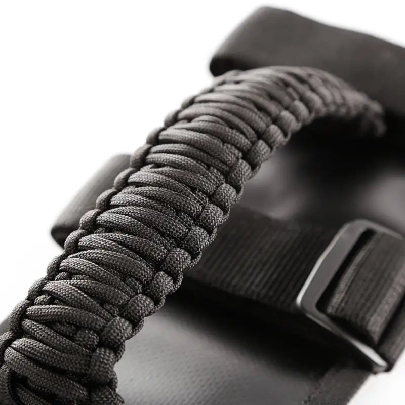 Rugged Ridge Paracord Grab Handles Black/Black Pair - Close-up of black paracording strap on sandals