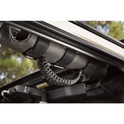 Rear view of vehicle with open car rear window, featuring Rugged Ridge Paracord Grab Handles.