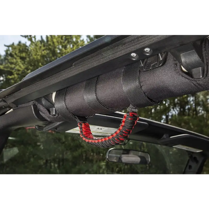 Rugged Ridge paracord grab handles in red and black.