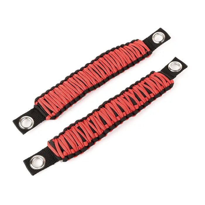 Rugged Ridge red and black paracord grab handles with metal clasp for Jeep Wrangler JK.