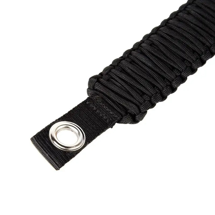 Close up of black Rugged Ridge Paracord with metal button.