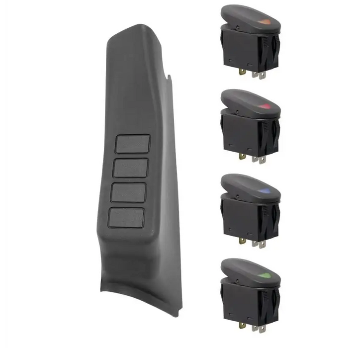 Rugged Ridge A-Pillar 4 Switch Pod Kit Black LHD 11-18 JK - Four black switches displayed on product.