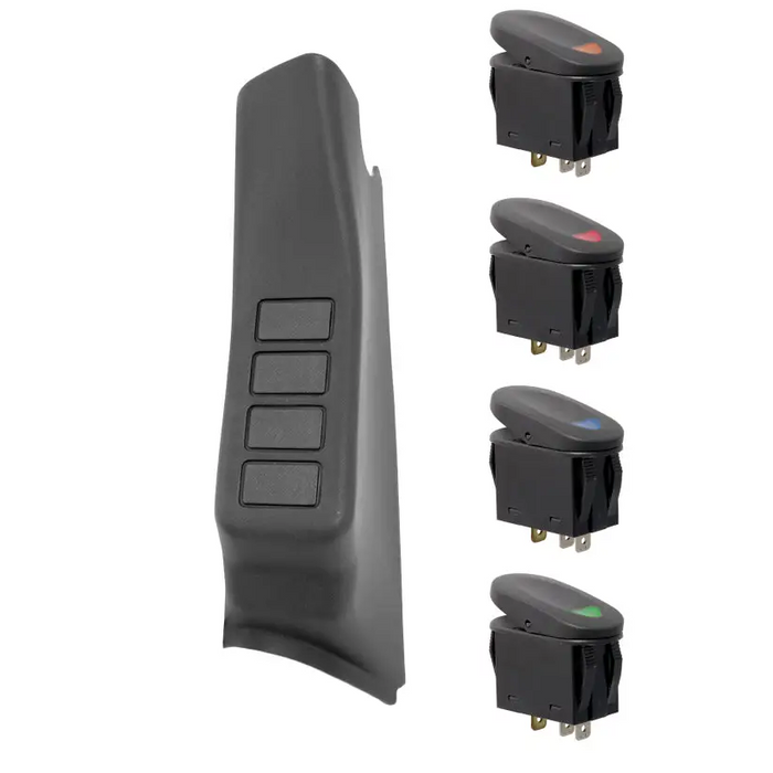 Rugged Ridge A-Pillar Switch Pod Kit Black LHD 07-10 (JK) - Four black switches displayed