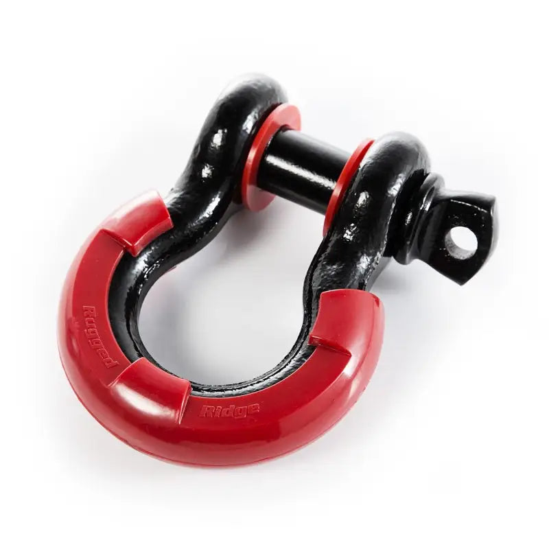 Rugged Ridge Red 7/8in D-Ring Isolator Kit with close-up view of red and black shack shack.