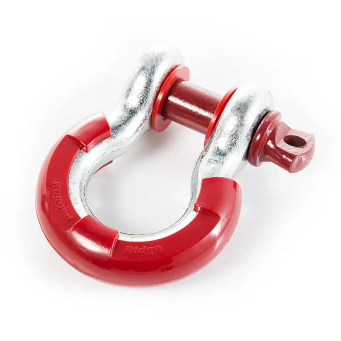 Close up of red rugged ridge D-ring isolator kit hook on red shack