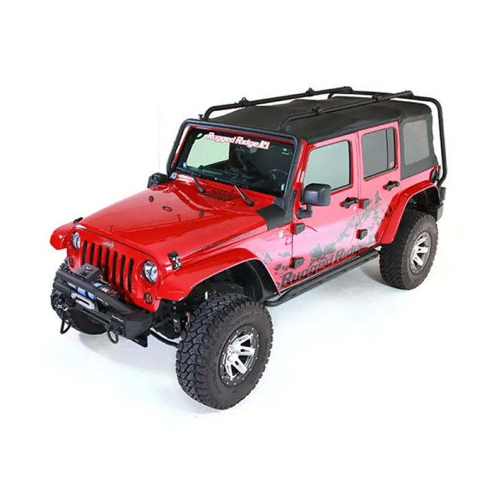 Red Jeep Wrangler with Rugged Ridge roof rack