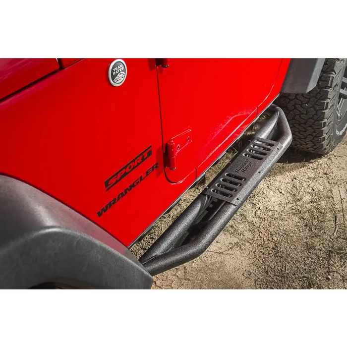 Red and black Rugged Ridge RRC Side Armor Guard Plates on Jeep Wrangler JK