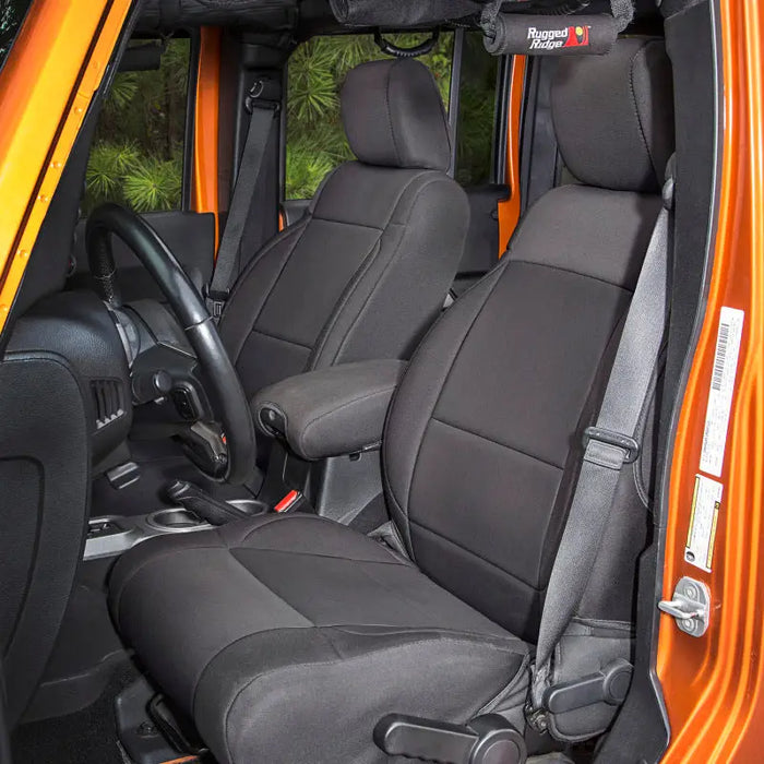 Rugged Ridge Seat Cover Kit Black 07-10 Jeep Wrangler JK 4dr interior with black leather seats