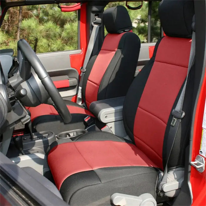 Interior of red Jeep with black leather seats, Rugged Ridge Seat Cover Kit in Black/Red.