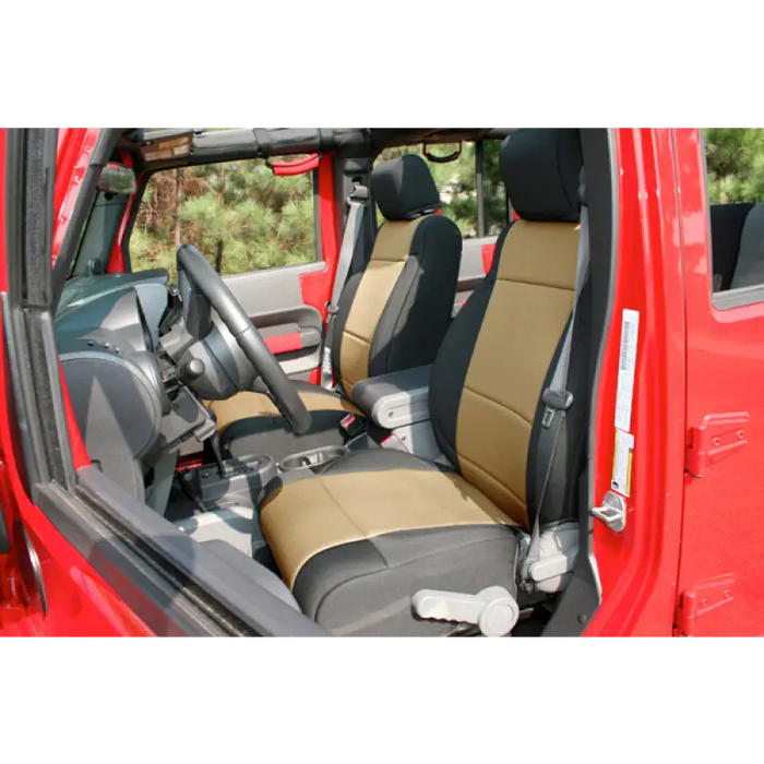 Front seats of red Jeep shown in Rugged Ridge seat cover kit.