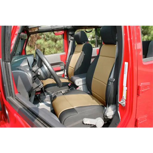 Front seats of a red truck with Rugged Ridge seat cover from Jeep Wrangler JK.