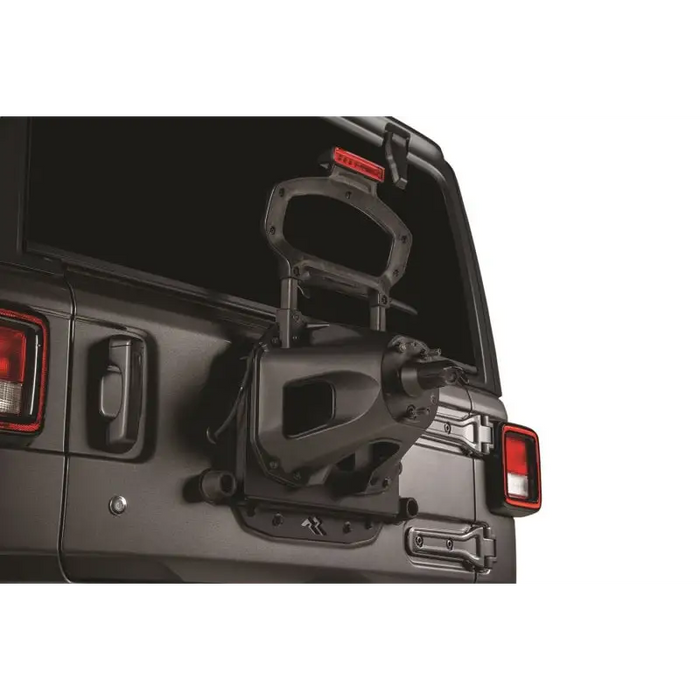 Rear view of open rear door on Jeep with Rugged Ridge Spare Tire Relocation Bracket for Jeep Wrangler JL