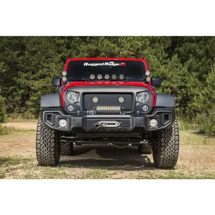 Rugged Ridge Spartacus Front Bumper for Jeep Wrangler - Close up of red and black bumpers
