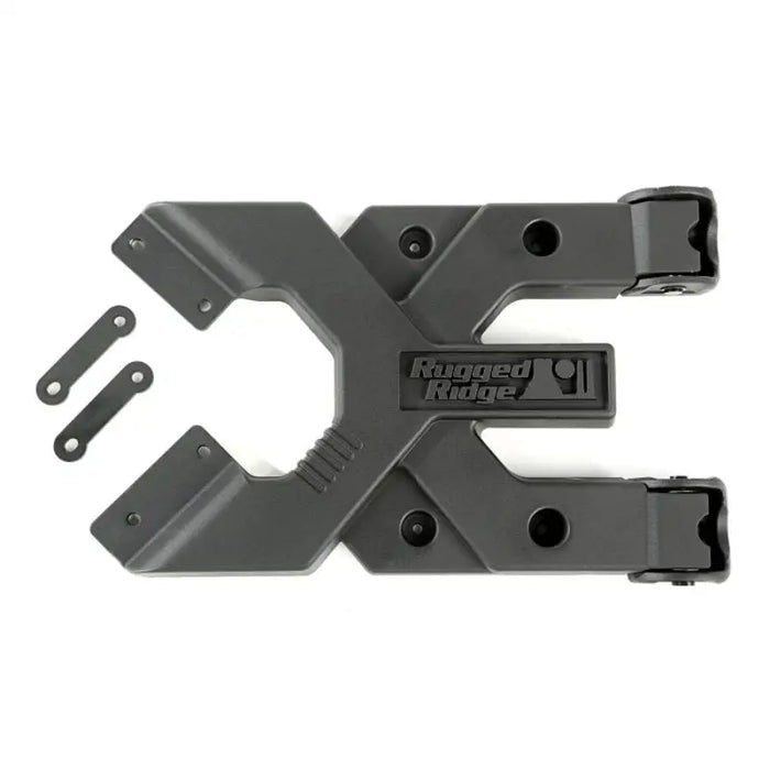 Black plastic clamps with logo for Rugged Ridge Spartacus HD Tire Carrier Hinge Casting 07-18 Jeep Wrangler JK.