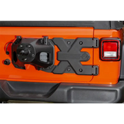 Close up of Jeep license plate on Rugged Ridge Spartacus HD Tire Carrier Hinge Casting for 18-20 Jeep Wrangler JL.