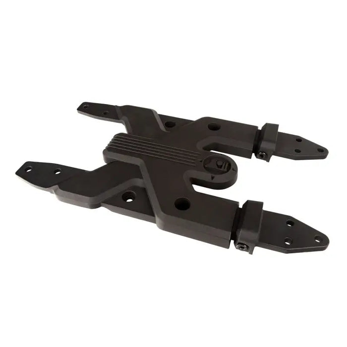 Black aluminum front bumper mounts for Jeep Wrangler JL with Spartacus HD tire carrier hinge casting.