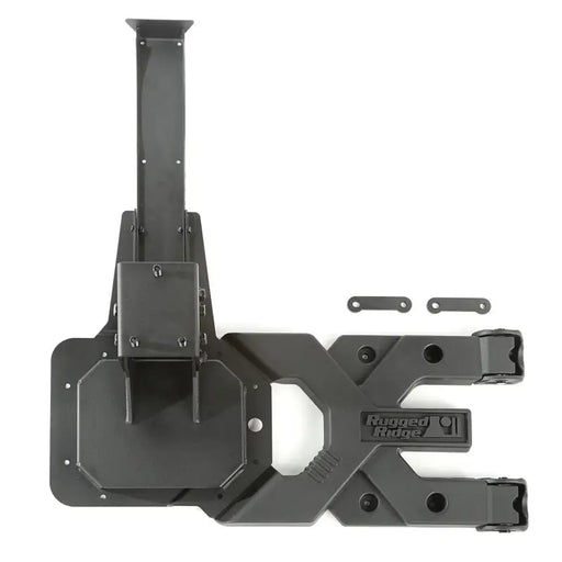 Black metal bracket with screws for Spartacus HD tire carrier on Jeep Wrangler