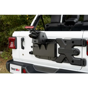 Rugged Ridge Spartacus HD Tire Carrier Kit mounted on back of a Jeep with camera
