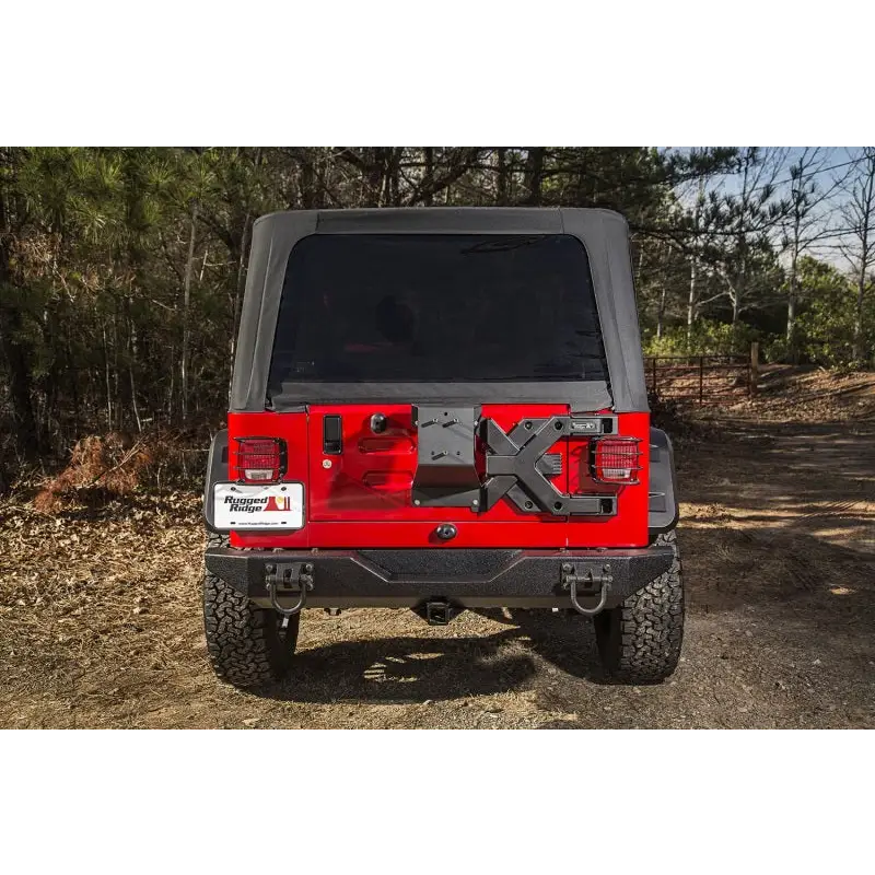Rugged Ridge Spartacus HD Tire Carrier Kit for 97-06 TJ - Red Jeep Close Up