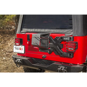 Red Jeep with Black Top Parked in Dirt - Rugged Ridge Spartacus HD Tire Carrier Display