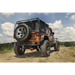 Black Rugged Ridge Spartacus Rear Bumper parked Jeep Wrangler on dirt road