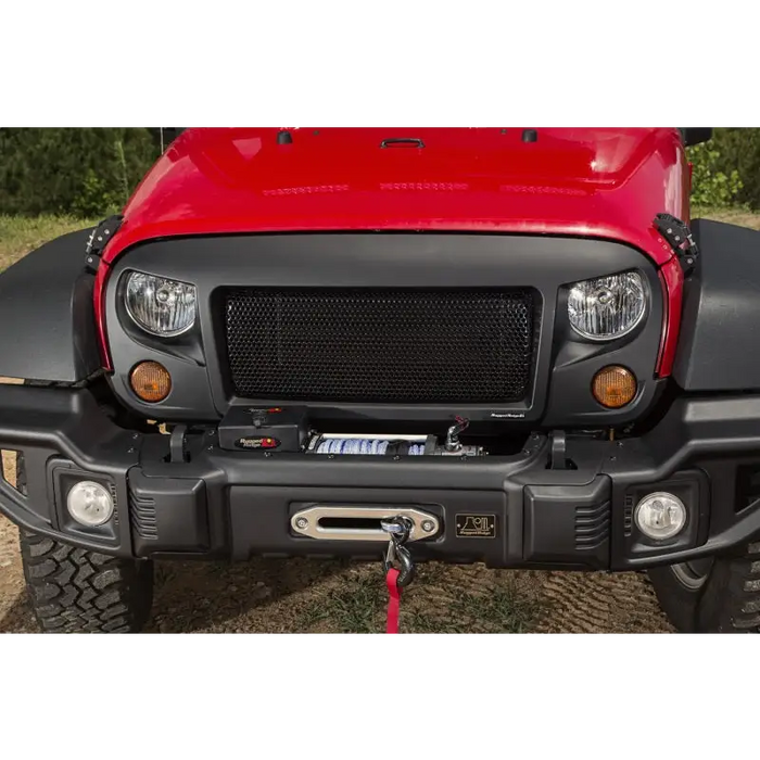 Rugged Ridge Spartan Grille for Jeep Wrangler JK, red jeep with black grille and bumper.