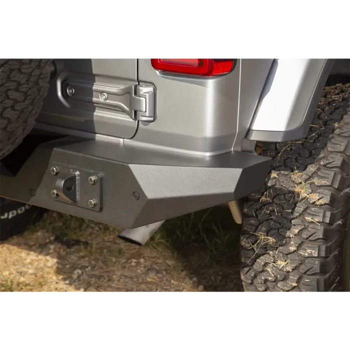 Close-up of tire on car with Rugged Ridge Spartan Rear Bumper for Jeep Wrangler JL.