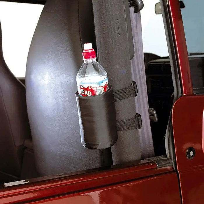 Rugged Ridge Sport Bar Drink Holder Pair in Jeep Wrangler with water bottle.