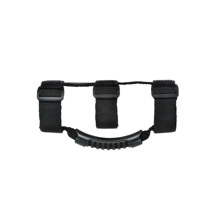 Black nylon strap attached to camera on Rugged Ridge Steel Grab Handles F/R Kit for Jeep Wrangler JK/JKU.