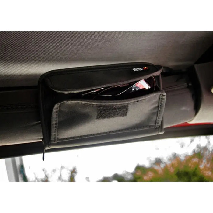 Rugged Ridge sunglass holder storage pouch with sunglasses in black bag