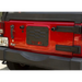 Red Jeep with black license plate on Rugged Ridge Tire Carrier Delete Plate 07-18 Jeep Wrangler JK