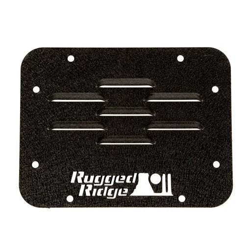 Krei logo on black metal delete plate for Rugged Ridge Tire Carrier on Jeep Wrangler JK