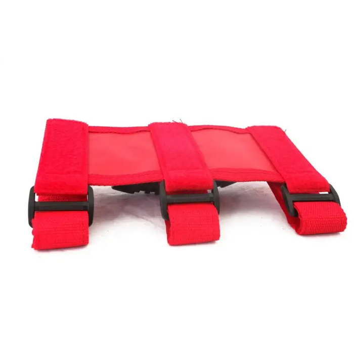 Rugged Ridge Ultimate Grab Handles in Red for CJ/Jeep Wrangler/JT, featuring a red seat belt with two black buckles.