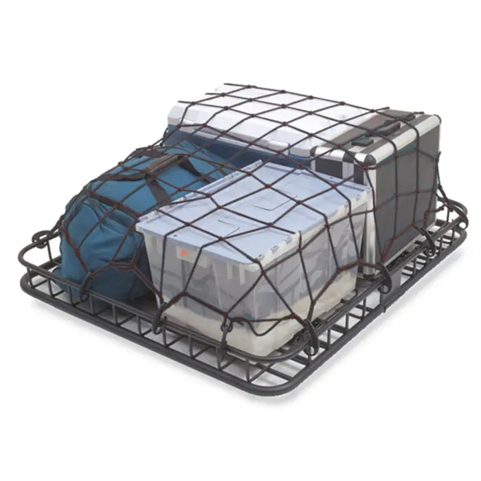 Rugged Ridge Universal Cargo Net Roof Rack Stretch with black wire basket and bags