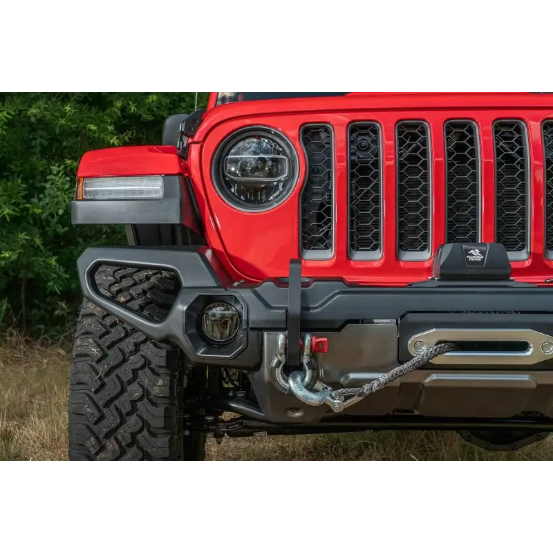 Rugged Ridge Venator front bumper on red Jeep Wrangler JL/JT