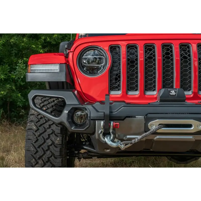 Rugged Ridge Venator front bumper on red Jeep Wrangler JL/JT