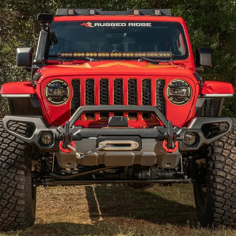 Red Jeep Wrangler Rugged Ridge Venator Front Bumper Overrider