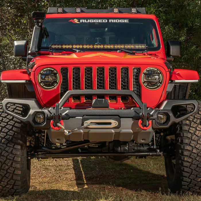 Rugged Ridge Venator Front Bumper w/Overrider & Winch Tray JL, red jeep close-up