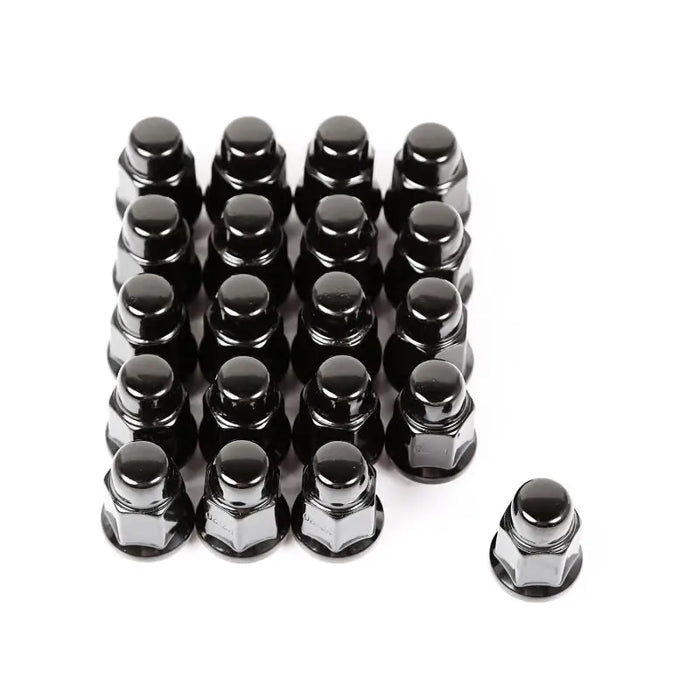 Rugged Ridge Wheel Lug Nut Set of 20 Black 1/2-20 with black screws on white background.