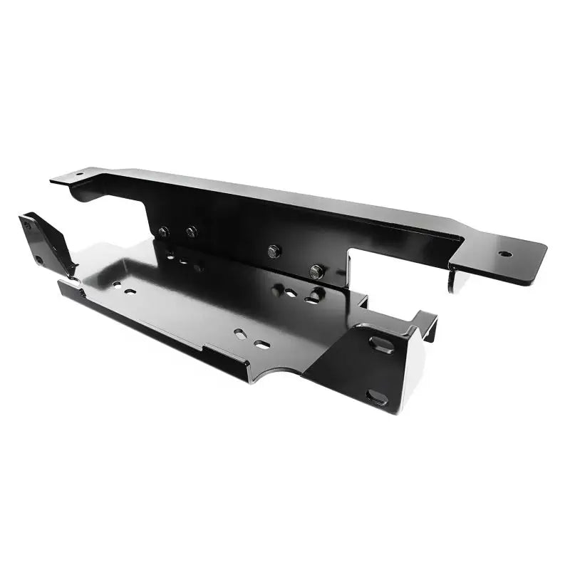 Close-up of metal bracket on white background for Rugged Ridge Winch Plate Stamped Bumper 13-18 Jeep Wrangler.