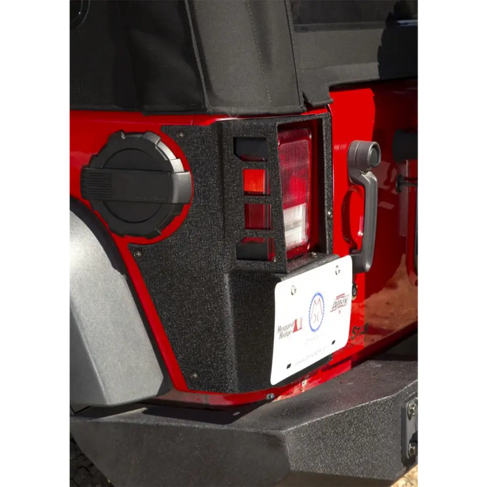 Red Jeep with black top and white license plate, Rugged Ridge XHD corner guards for Jeep Wrangler JK 2-Door