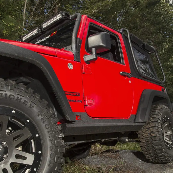 Red Jeep with Black Bumper and Wheels - Rugged Ridge XHD Rock Sliders for Jeep Wrangler JK 2 Door